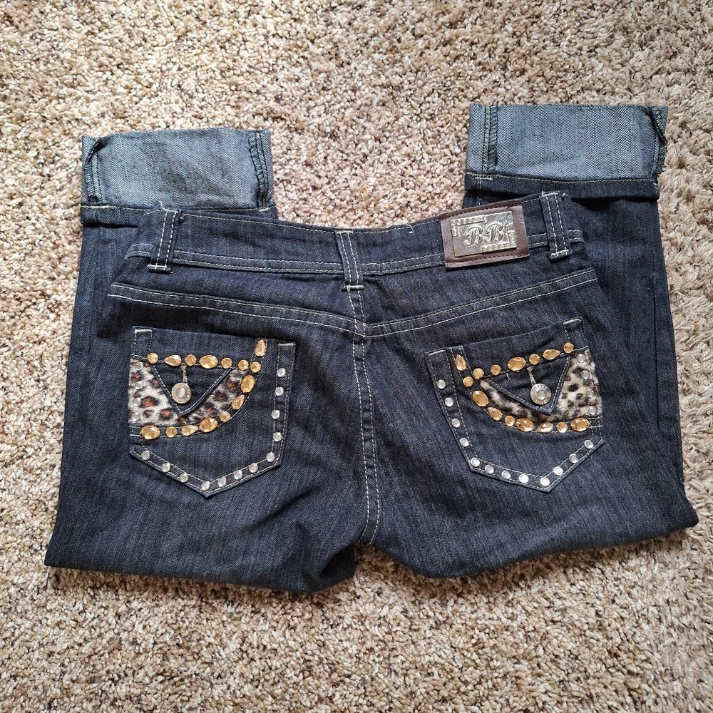 B.B Jeans Leopard Rhinestone Capri Shorts - Picture 3 of 7
